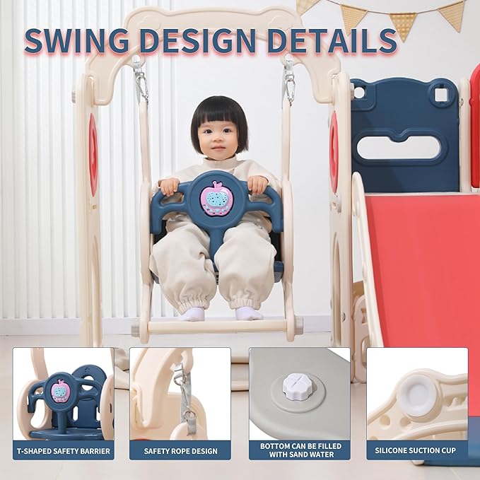 12 in 1 Toddler Outdoor Playset with Swing, Indoor Swing and Slide Set Playground for Toddlers 1-3, Durable Climber Basketball Hoop Ball Toddler Indoor Playset for Home Playground - Red Blue-BubblyBeeBaby