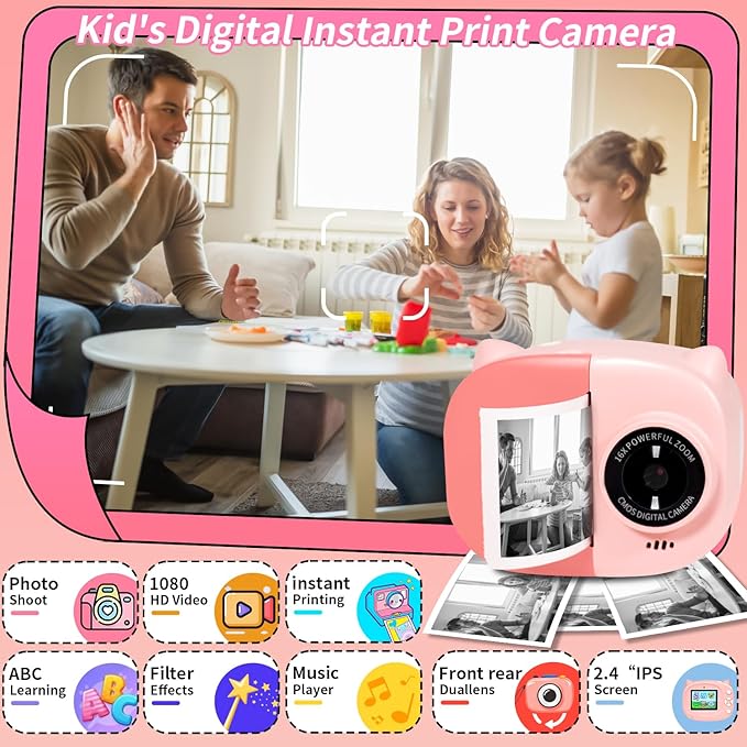Instant Print Camera Toy for Kids, Girls Birthday Gifts for 3 4 5 6 7 8 Year Old Learning Music Story Player, 1080P HD Dual-Lens Creative Instant Camera (Pink)-BubblyBeeBaby