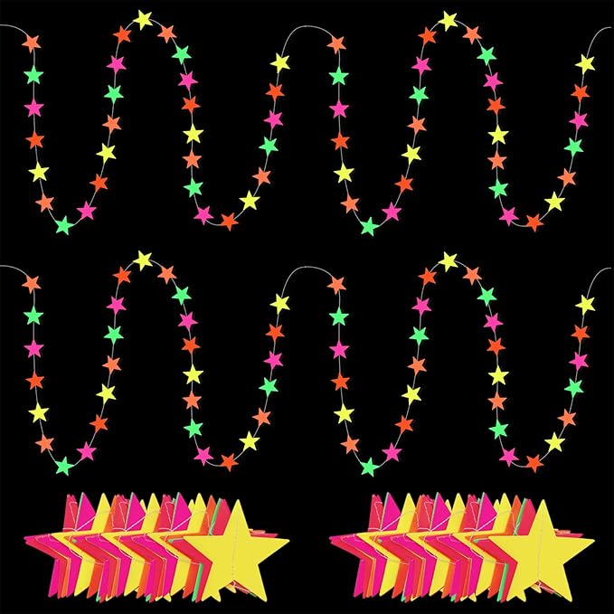 108ft Neon Glow Party Star Paper Garland UV Glow in The Dark Party Supplies Garlands Neon Paper Streamers for Blacklight Fluorescent Supplies for Birthday Wedding Decorations-BubblyBeeBaby
