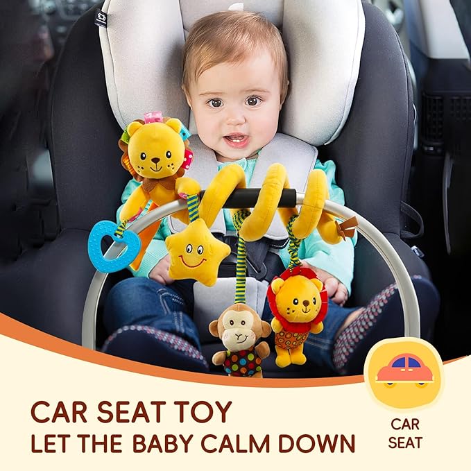 Jollybaby Crib Stroller Car Seat Toys for Baby 0-3-6-9-12 Months, Tummy Time Hanging Sensory Toys for Newborn with Music Box and Teether, Spiral Carseat Toy for Infant Boys Girls Gifts (Little Lion)-BubblyBeeBaby