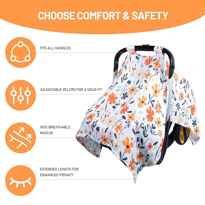 80S Muslin Car Seat Cover for Babies - Soft & Breathable Infant Carrier Canopy, Lightweight Sunshade for Summer, Universal Fit for Baby Boys & Girls-BubblyBeeBaby