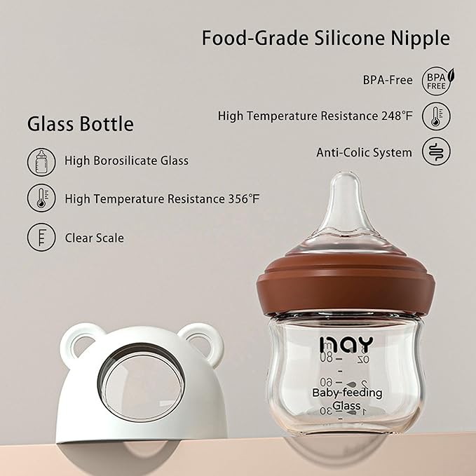 Natural Glass Baby Bottle for Breastfeeding Babies, 3oz Newborn Anti-Colic Baby Bottle with Slow Flow Nipples (SS), Clear, Wide Neck, 2 Pack, 0 Months+-BubblyBeeBaby