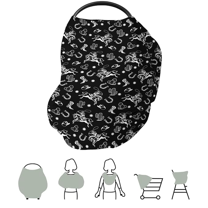 Country Western Car Seat Cover for Baby Cowboy Hat Boots Horse Cactus Stretchy 5-in-1 Covers Adjustable Car Canopy Breastfeeding Cover Wild West Desert Breathable Nursing Cover-Up-BubblyBeeBaby