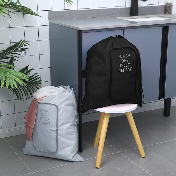 2 Pcs Travel Laundry Bag Washable Dirty Clothes Bag with Drawstring and Zipper for Suitcase, 22 x 18 Inch (Black, Gray,Classic)-BubblyBeeBaby