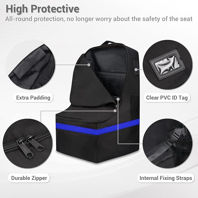 Car Seat Travel Bag - Padded, Comfortable, Durable, Roomy Gate Check Carseat Cover Backpack Fits 3-in-1，Convertible, Booster & Infant Car Seats for Airplane, Airport, Blue-BubblyBeeBaby