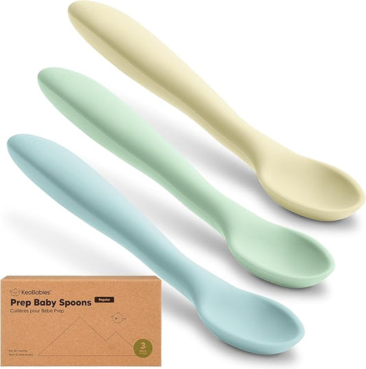 KeaBabies Silicone Baby Spoons, Self Feeding 6-12 months - 3-Pack Baby Weaning Eating Utensils,Toddler First Food Training Spoon,Infant,Kids Feeding Supplies Essential Set,Dishwasher-safe (Pastel Sky)-BubblyBeeBaby