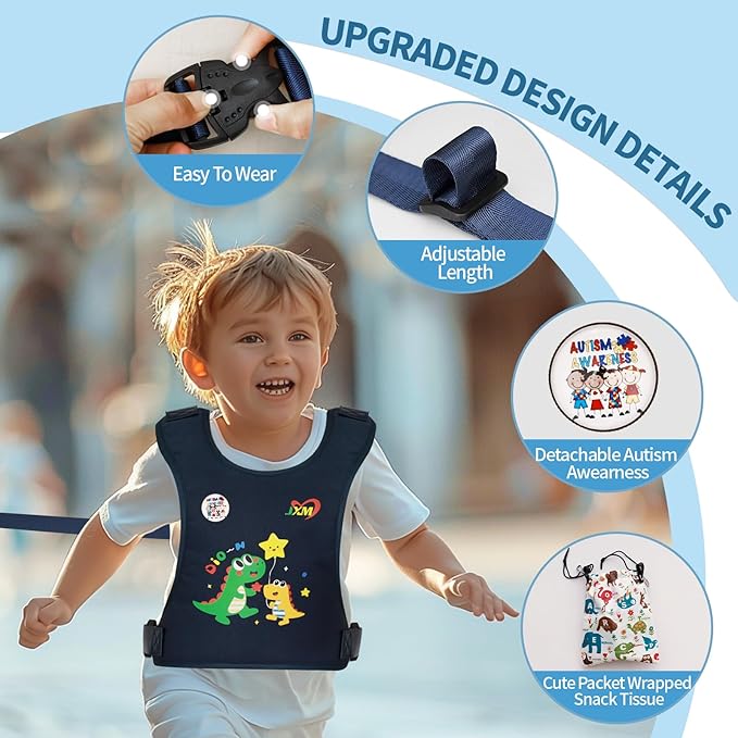 JXM Safety Harness for Active Childs with Quick Grab Handle, Teens Youth Secure Walking Harness with Autism Awareness and Pouch, Adjustable Tether Leash for Autism ADHD Special Needs Child Kids-BubblyBeeBaby