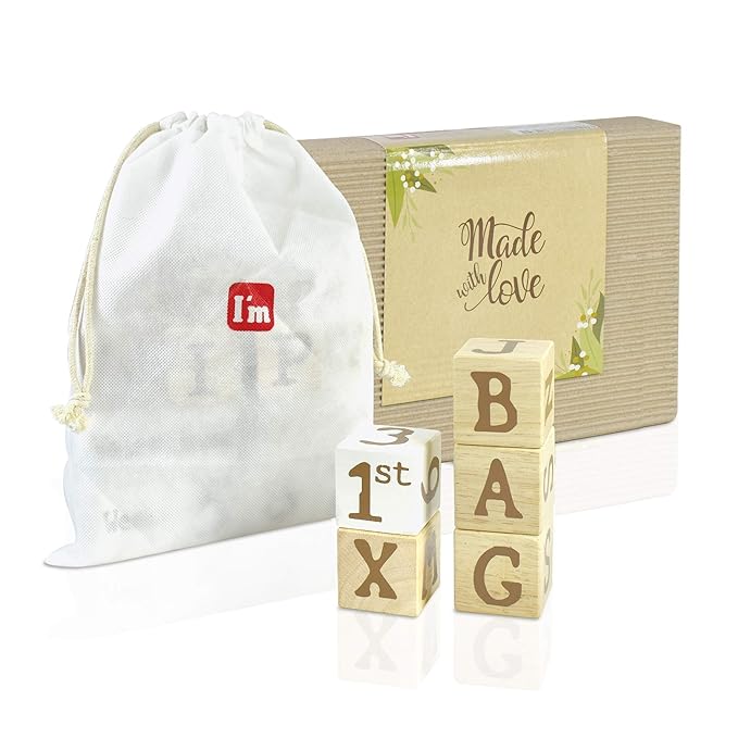 I'm Solid Wood Monthly Weekly Baby Milestone Age Blocks, Personalized Own Name, Gender Neutral, Newborn Gifts & Keepsakes for Picture Props (1.9" / 18 Pcs/Brown)-BubblyBeeBaby