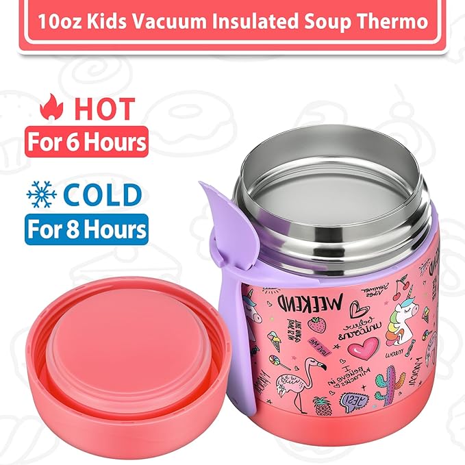 10oz Soup Thermo for Hot Food Kids,Lunch Thermo Kids Food Jar with Spoon Hot Insulated Food Containers,Leak Proof Stainless Steel Wide Mouth Lunch Food Thermo Jar for School(Pink-Flamingo)-BubblyBeeBaby