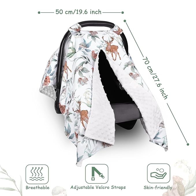 TANOFAR Baby Carseat Canopy, Peekaboo Opening Car Seat Canopy for Babies, Soft and Breathable Infant Carrier Canopy, Multi-use Baby Carrier, Stroller, Nursing Cover, Minky Blanket, Animal Leaf-BubblyBeeBaby