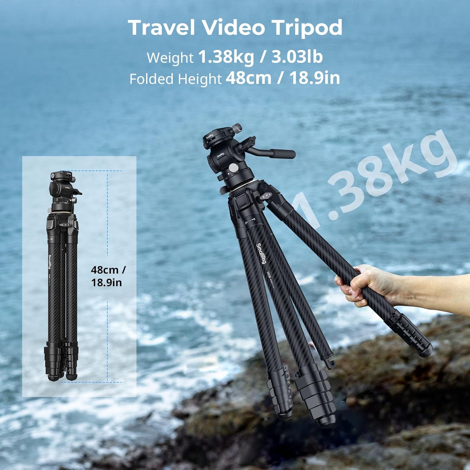 SmallRig Portable Carbon Fiber Travel Tripod Kit, 61.8'' Video Camera Tripod Monopod Video Head, Built-in QR Plate for Arca, Switchable Centre Column, Max Load 3kg / 6.6lb for Cameras, DSLR