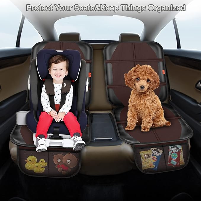 Car Seat Protector,2 Pack Automotive Seat Protectors Baby Carseat Pad Waterproof & Durable 600D Fabric for Child Baby Car Seat Mat Vehicle Pet Cover 2 Storage Pockets (Brown)-BubblyBeeBaby