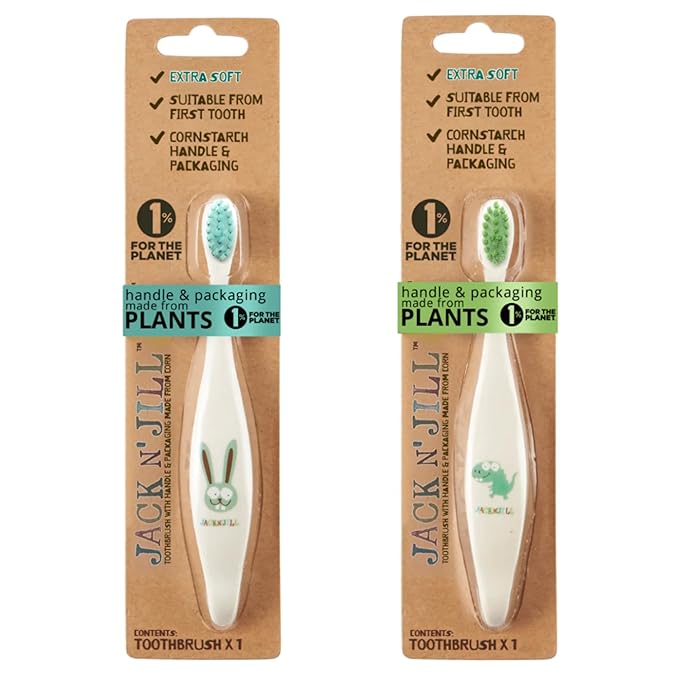 Jack N' Jill Kids Toothbrush - Extra Soft Bristle Toothbrush for Kids, Handle & Packaging Made from Plants (Corn), Ergonomic Handle for Little Hands - Dino & Bunny (2 Pack)-BubblyBeeBaby