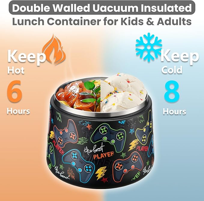 14oz Insulated Vacuum Food Jar with Buckle Lid,Soup Thermo for Hot Food Kids,Wide Mouth Leakproof Stainless Steel Lunch Container with Spoon-Black Game-BubblyBeeBaby