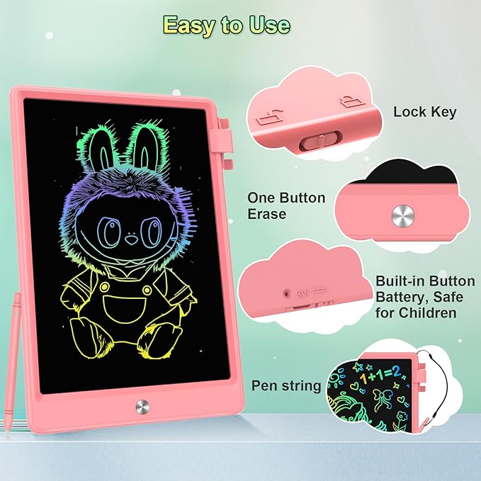 10.5 Inch LCD Writing Tablet for Kids, Colorful Toddler Doodle Board - Erasable Drawing Pad, Educational Learning Toy for Ages 3-8 - Valentine's Day Christmas Birthday Gifts (10.5 Inch, Pink)-BubblyBeeBaby