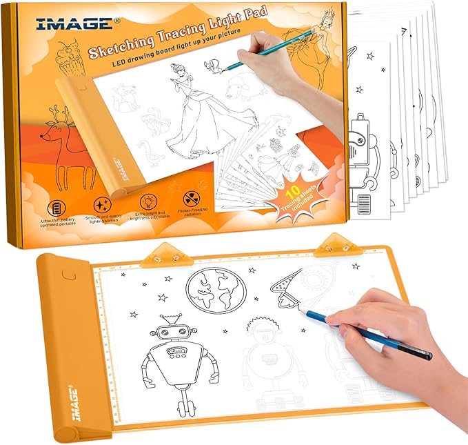 IMAGE Light Up Tracing Pad Orange Drawing Tablet Coloring Board for Kids Children Toy Gift for Girls Boy (Includes 10 Traceable Sheets and Two Clips)-BubblyBeeBaby