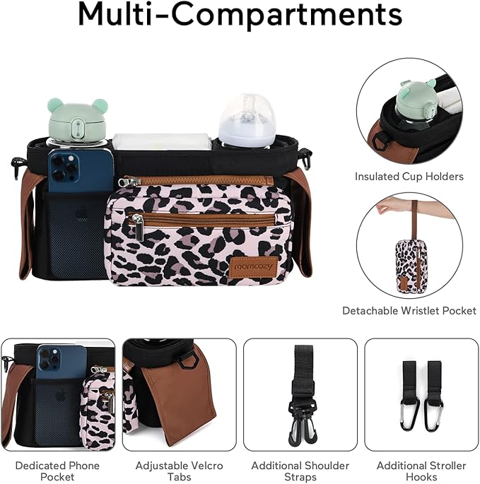 Momcozy Universal Stroller Organizer with Insulated Cup Holder Detachable Phone Bag & Shoulder Strap, Fits for Stroller like Uppababy, Baby Jogger, Britax, BOB, Umbrella and Pet Stroller-BubblyBeeBaby