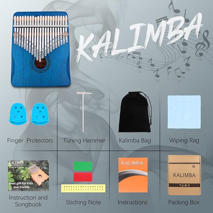 Kalimba Thumb Piano,YUNDIE Portable 21 Keys Mbira Finger Piano with Tune Hammer and Study Instruction,Musical Instruments Gift for Kid Adult Beginners Professional(Blue)-BubblyBeeBaby