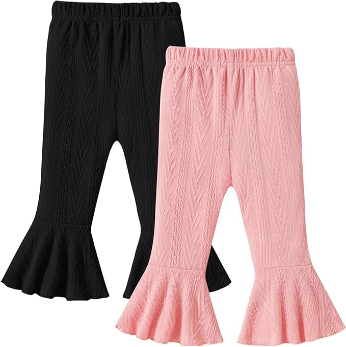 2 Pack Toddler Baby Girl Pants Flare Leggings Ribbed Knit Newborn Bell Bottoms Solid Ruffle Infant Pants for Girls-BubblyBeeBaby