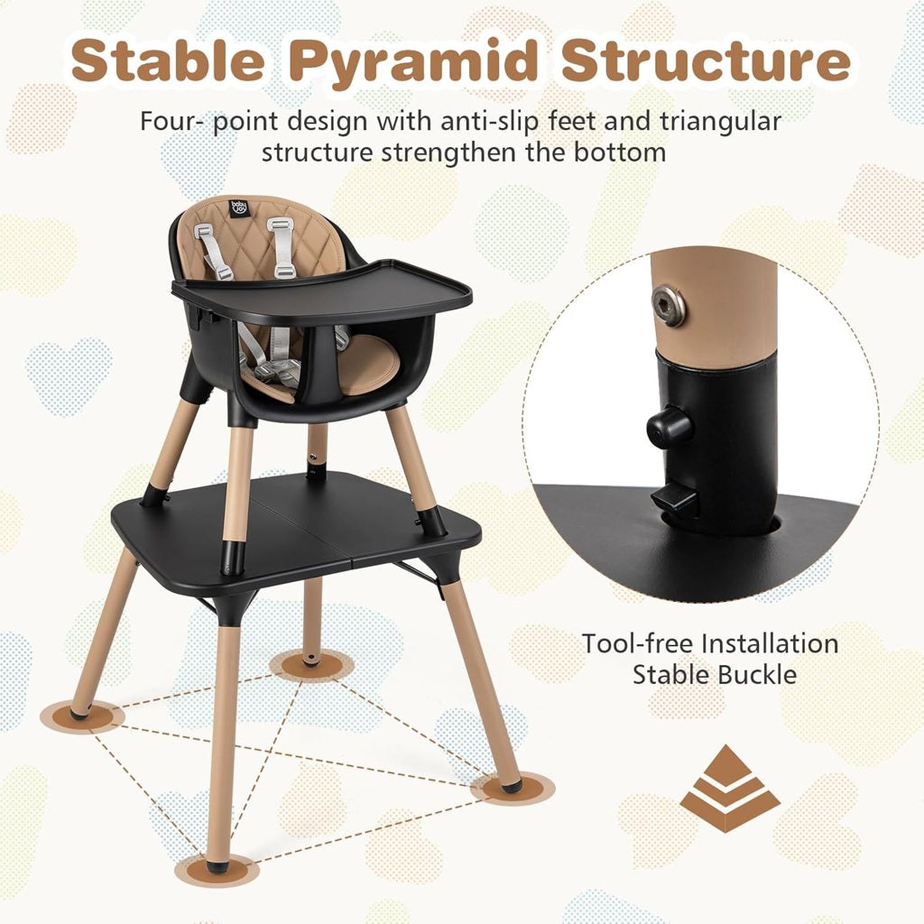BABY JOY High Chair, 5 in 1 Convertible Highchair for Babies & Toddlers | Booster Seat | Table and Chair Set | Infant Feeding Chair with Removable Tray, Safety Harness, Removable Cushion (Brown)