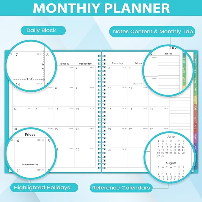 2026 Monthly Planner - JUL 2025 - DEC 2026, Academic Planner 2026, 18 Monthly Calendar with Colorful Tabs, Waterproof Cover (Blue, 8" x10", Notes)-BubblyBeeBaby
