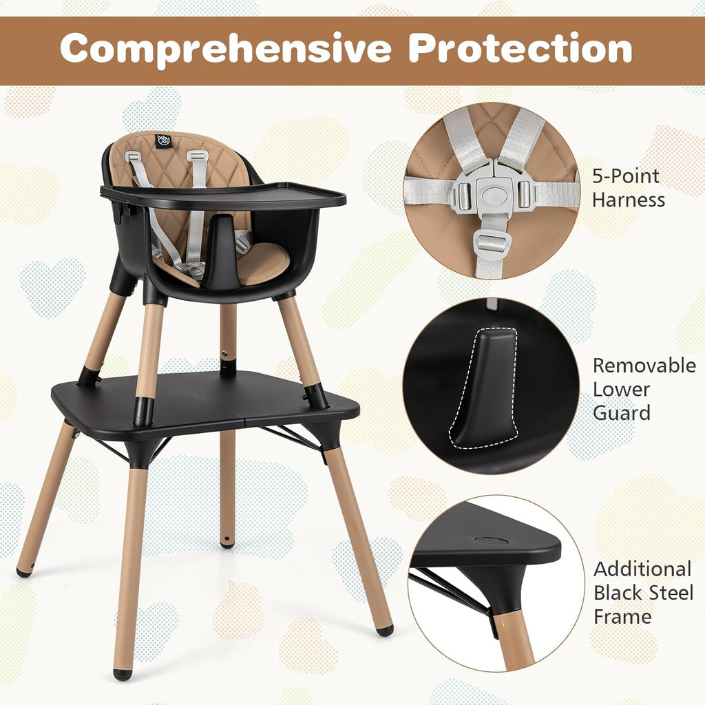 BABY JOY High Chair, 5 in 1 Convertible Highchair for Babies & Toddlers | Booster Seat | Table and Chair Set | Infant Feeding Chair with Removable Tray, Safety Harness, Removable Cushion (Brown)