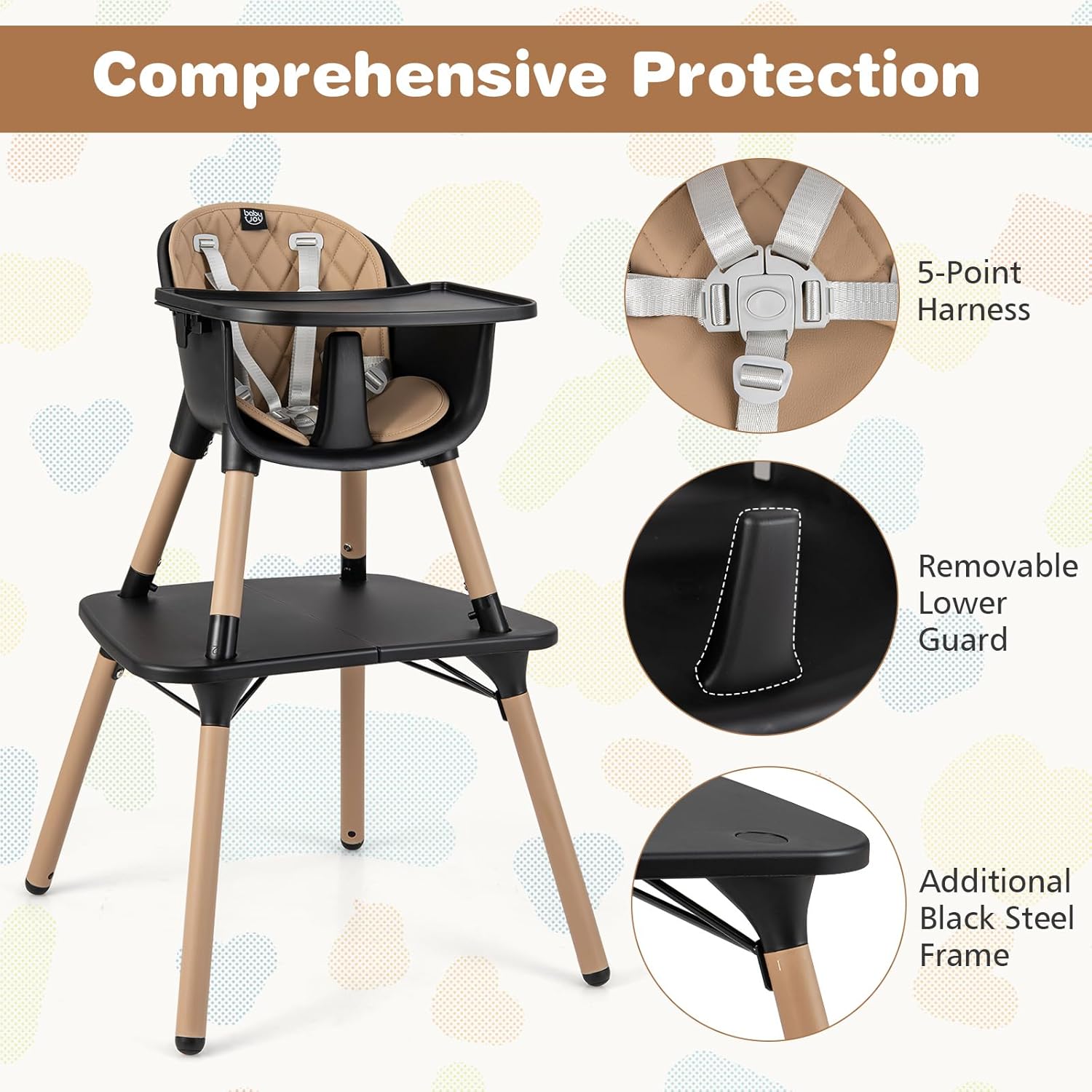 BABY JOY High Chair, 5 in 1 Convertible Highchair for Babies & Toddlers | Booster Seat | Table and Chair Set | Infant Feeding Chair with Removable Tray, Safety Harness, Removable Cushion (Brown)