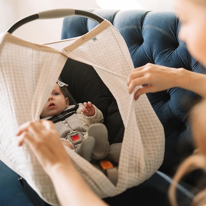 Little Unicorn Breathable Car Seat Canopy | Magnetic Closure Cover & Universal Fit | Protection & Privacy for Baby (Tan Gingham)-BubblyBeeBaby