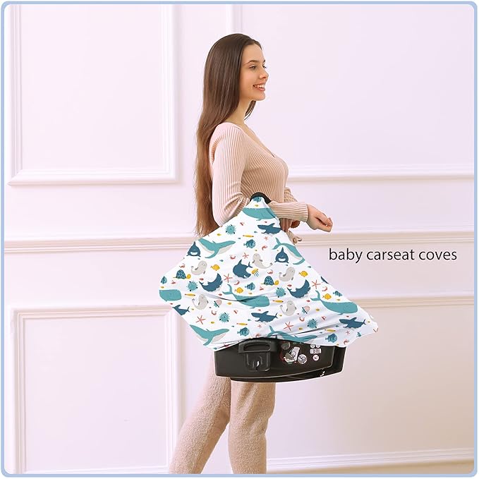 Car Seat Covers for Babies - Multi- use Nursing Carseat Canopy, Breastfeeding Covers, Baby Shower Gifts for Boys and Girls (sea World)-BubblyBeeBaby