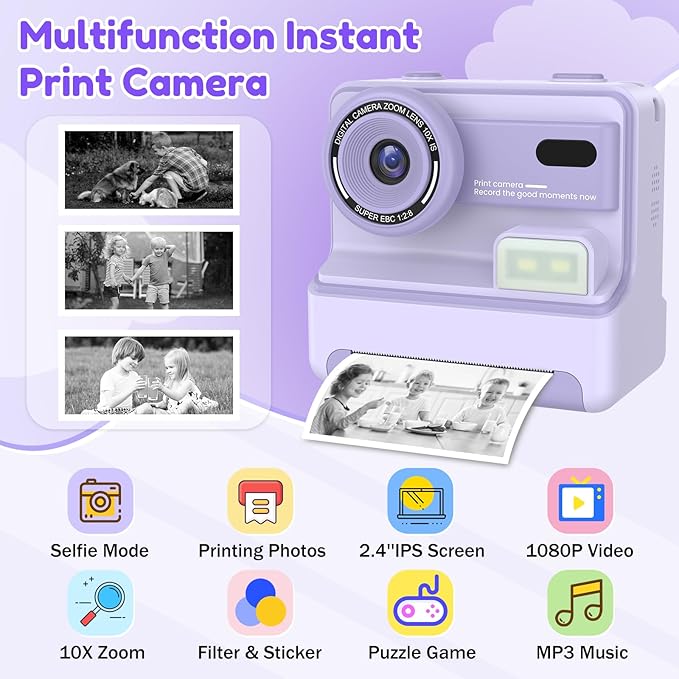 Instant Camera, Instant Print Camera for Kids with 1080P Videos, Front Rear Dual Selfie, 3 Rolls Print Paper & 32GB SD Cards, Christmas Birthday Gifts for Girls Age 3-12-BubblyBeeBaby