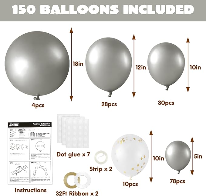 JOYIN 150 Pcs Metallic Silver Balloons, Different Sizes 18 12 10 5 Inch Silver Latex Balloon Arch Kit with Instruction for Birthday Party Graduation Wedding Holiday Decoration-BubblyBeeBaby