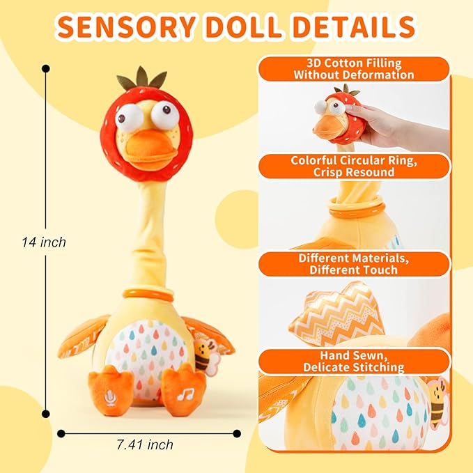 Jollybaby Plush Talking Singing Dancing Musical Strawberry Duck Toy for Toddlers 1-3 Just Like Cactus Toy, Music Mimicking Interactive Toys for Crawling Kids, Sensory Gift for Baby 0-6-12 Month-BubblyBeeBaby