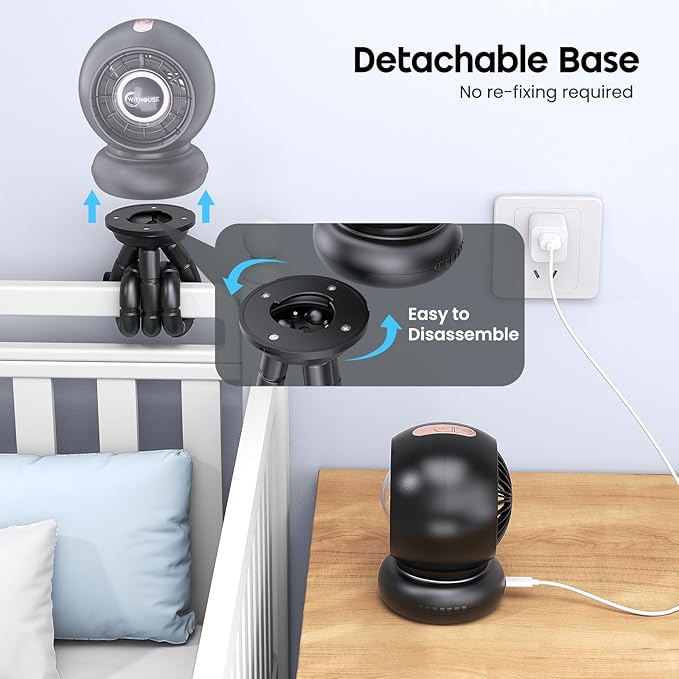 Stroller Fan, Battery Operated Baby Stroller Fans, 8000mAh Rechargeable Fans, 75° Auto Oscillation Portable Fan, 5-12H Runtime, 4 Speeds Wind, Detachable Base & LED Display-BubblyBeeBaby