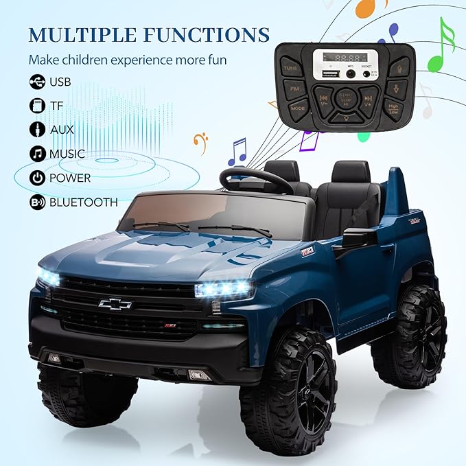Hetoy 24V 2-Seater Truck Licensed Chevrolet Silverado Ride On Car Toy w/Parent Remote Control,4xSpring Suspension, 3 Speeds, Wireless Music, MP3 Player, Electric Vehicle Car for Kids, Blue-BubblyBeeBaby