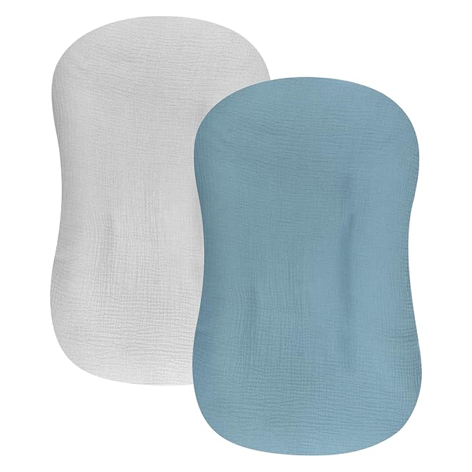 Hooyax Baby Lounger Cover 2 Pack - 100% Muslin Cotton Newborn Lounger Pillow Covers Only, Soft Breathable Infant Lounger Cover with Reinforced Stitching, Fits Most Standard Baby Loungers (Blue Grey)-BubblyBeeBaby