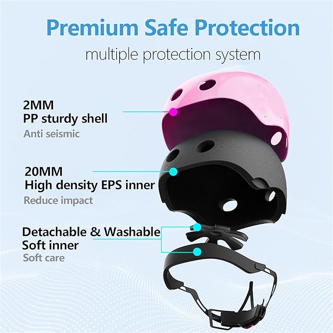 Kids Bike Helmet with Knee Elbow Wrist Pads Guards,Pink,for Ages 2-3-5-8-14,Sports Bicycle,Skate Scooter,Rollerblading with Unicorn Sticker-BubblyBeeBaby