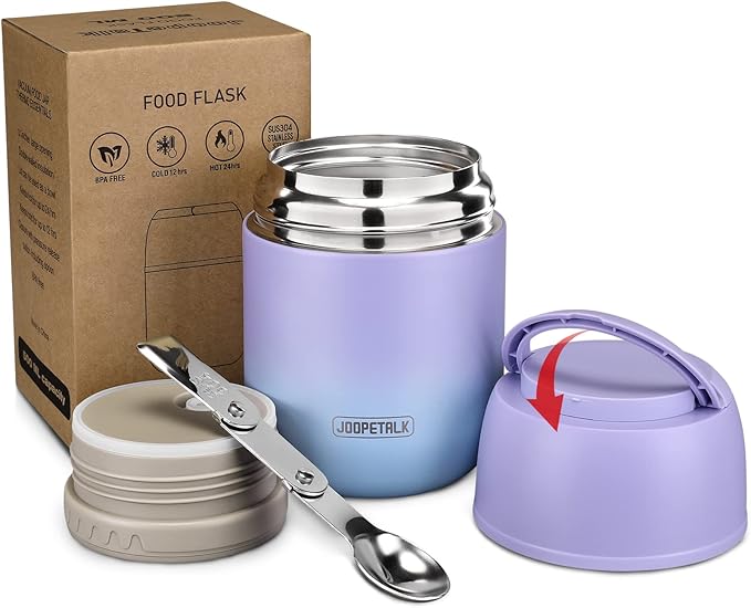 17 oz Insulated Lunch Containers Hot Food Jar, Wide Mouth Lunch Thermo for Hot Food Kids Adults, Vacuum Stainless Steel Thermo Lunch Box With Handle Folding Spoon for School, Office(Purple blue)-BubblyBeeBaby