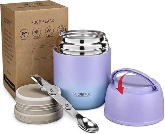 17 oz Insulated Lunch Containers Hot Food Jar, Wide Mouth Lunch Thermo for Hot Food Kids Adults, Vacuum Stainless Steel Thermo Lunch Box With Handle Folding Spoon for School, Office(Purple blue)-BubblyBeeBaby