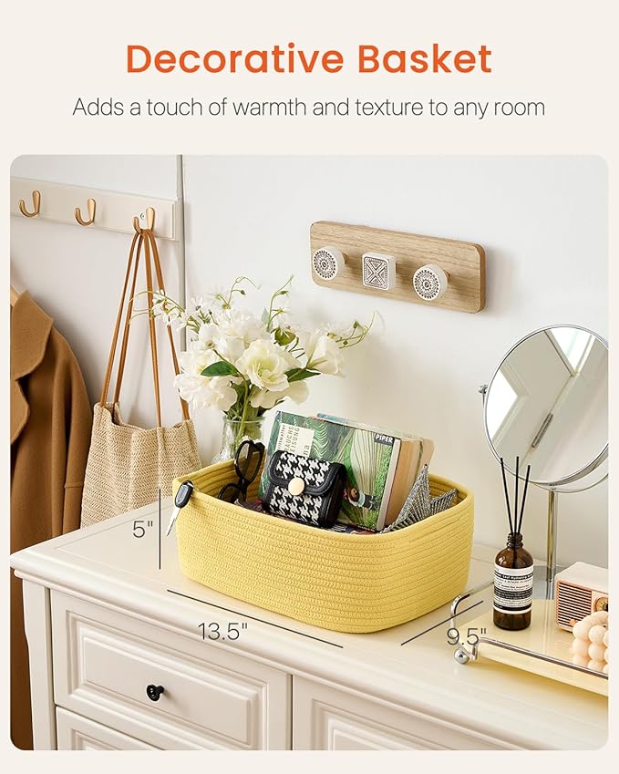 KALLAX Small Woven Basket, 13.5 x 9.5 x 5 Inches, Storage Basket for Organizing, Cute Small Rope Shelf Closet Cube Storage Bins Baskets for Shelves, Dog Toy Gift Baskets Empty, 3 Pack Yellow-BubblyBeeBaby