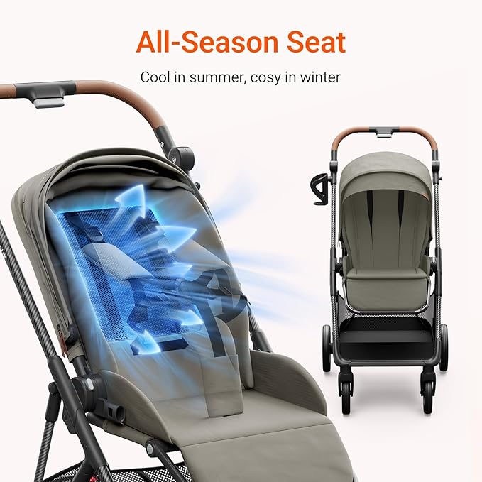 Air Lux Baby Stroller with Carbon Fiber Frame, One-Hand Fold & Reversible Seat, Magnetic 5-Pt Harness, Car Seat Adapter, 15.8lbs, Vetiver-BubblyBeeBaby