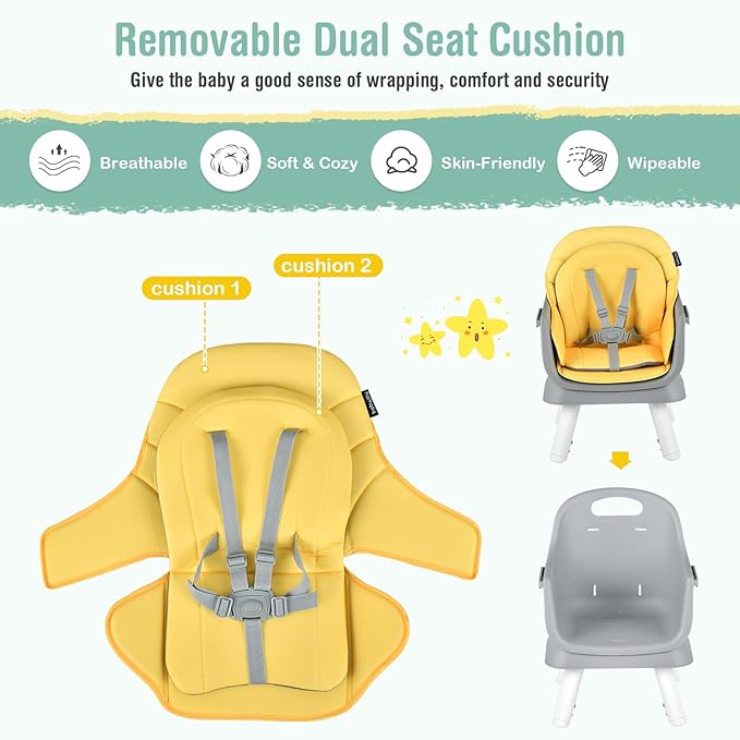 HONEY JOY 8 in 1 Baby High Chair, Convertible Highchair for Babies and Toddlers/Table and Chair Set/Building Block Table/Booster Seat/Stool/Toddler Chair with Safety Harness(Yellow)-BubblyBeeBaby