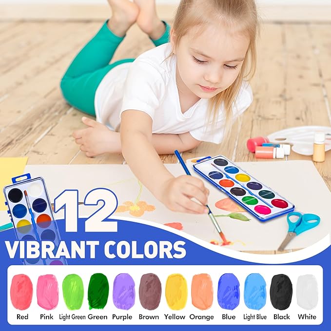 18 Pack Watercolor Paint Set for Kids, 12 Colors Watercolors Paints with Paint Brush, Kids Watercolor Paint Set for Party Favor, Classroom.-BubblyBeeBaby
