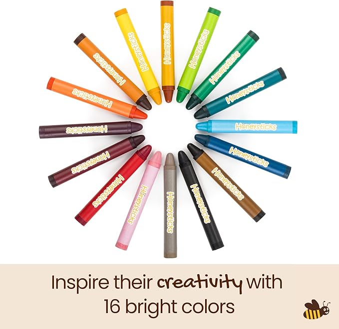 Honeysticks Jumbo Crayons (16 Pack) - Non Toxic Crayons - 100% Pure Beeswax and Food Grade Colors - 16 Bright Colors - Large, Easy to Hold and Use - Preschool Art Supplies for Toddlers/Kids 3-5, 4-8-BubblyBeeBaby