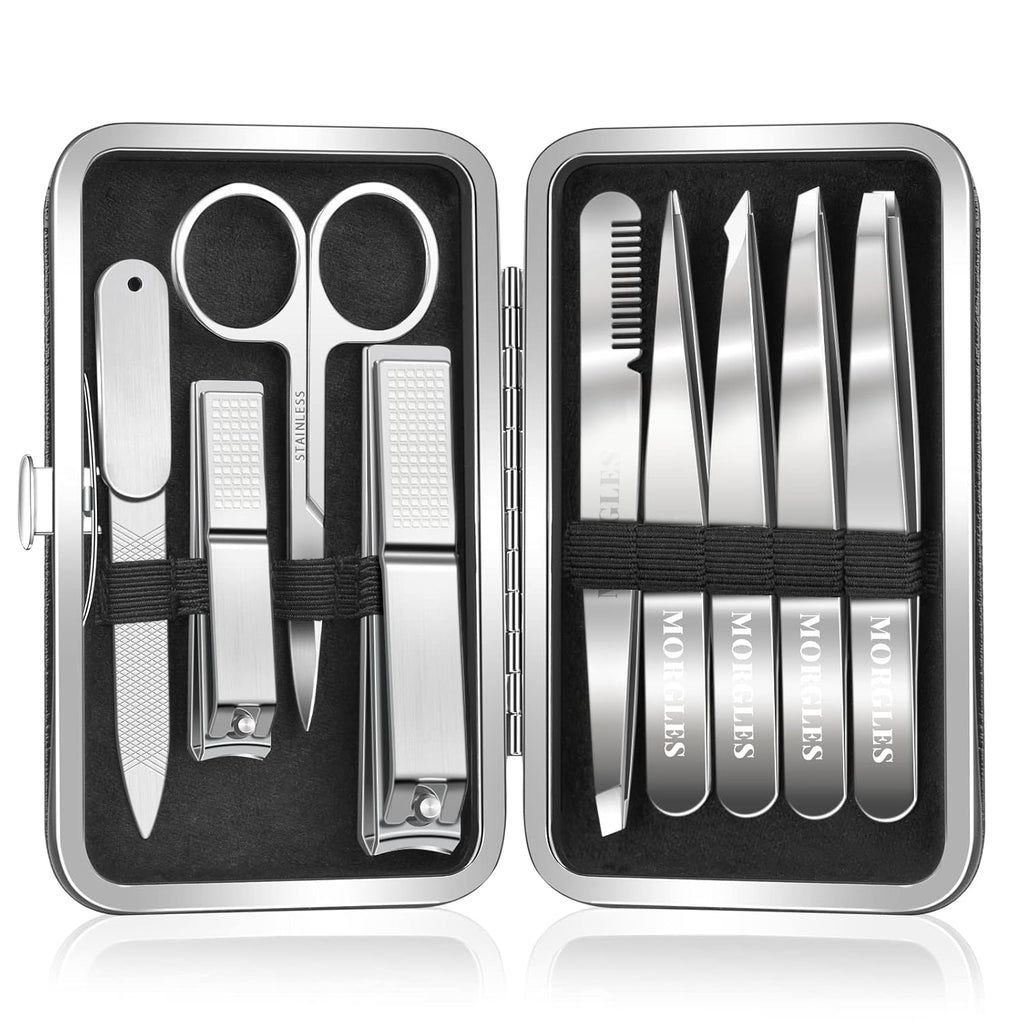 Tweezers and Nail Clipper Set with Case for Men Women, MORGLES 9 Pcs Professional Stainless Steel Tweezers No Gaps