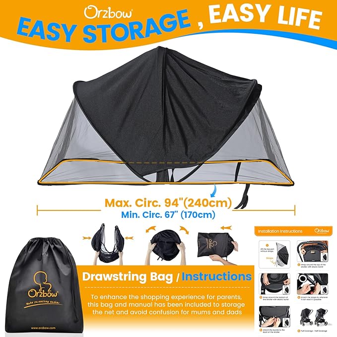Orzbow 2-in-1 Baby Mosquito Net with UPF50+ Sunshade for Stroller, Breathable Stroller Mosquito Netting Privacy Cover with Two-Way Zipper & Storage Bag for Bassinet, Carrycot & Car Seat, Black-BubblyBeeBaby