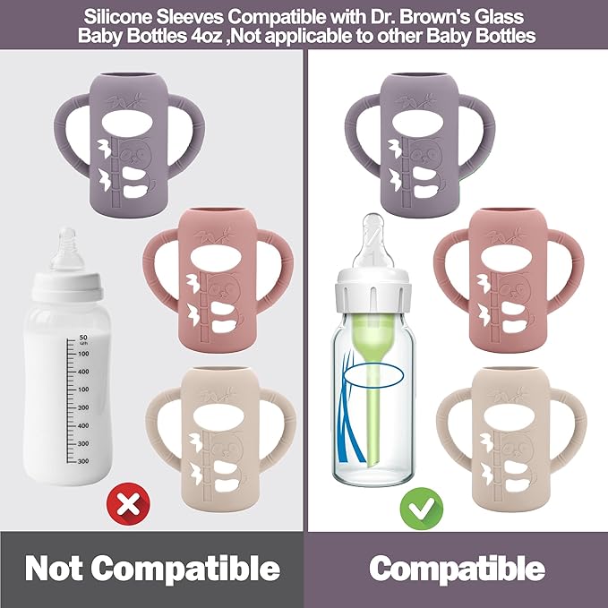 BUSOHA 3 Pack Silicone Sleeves for Dr. Brown's Glass Baby Bottles - Drop Protection Baby Bottle Sleeves,Compatible with Dr. Brown's Newborn Glass Bottles,with Silicone Handles,4 oz-BubblyBeeBaby