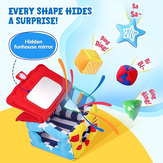 JoyCat Infant Toys 6-12 Months, Soft Sensory Toy with 4 Fabric Shapes, Baby Learning Shape Sorter for 3 4 5 6 7 8 9 10 11 12-18 Months, Baby Shower Birthday Gift Boy Girl-BubblyBeeBaby