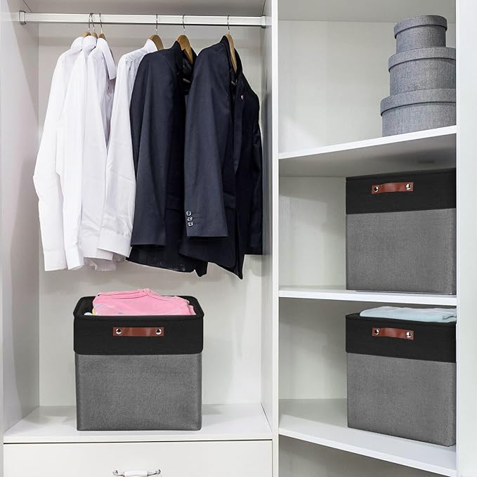 13x13 Cube Storage Bins, Collapsible Fabric Storage Box, 4 Pack Closet Baskets with Handles for Organizing, Shelf, Toys, Clothes, Home, Office, Nursery (Grey&Black)-BubblyBeeBaby