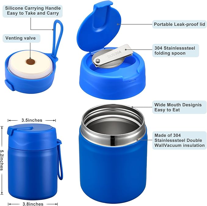 17oz Soup Thermo for Hot Food Kids,Insulated Food Jar with Spoon,Thermo Hot Food Lunch Container,Wide Mouth Leakproof Stainless Steel Lunch Box for School(Blue)-BubblyBeeBaby
