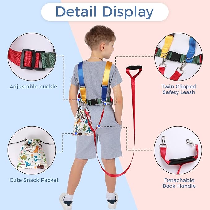 JXM Safety Harness Leash for Autism and Special Needs Child (3-6 yrs), Child Adjustable Elopement Harness with Emergency Grab Handle and Tether, Keep Active Autistic/ADHD Kids Safe and Free Outdoors-BubblyBeeBaby